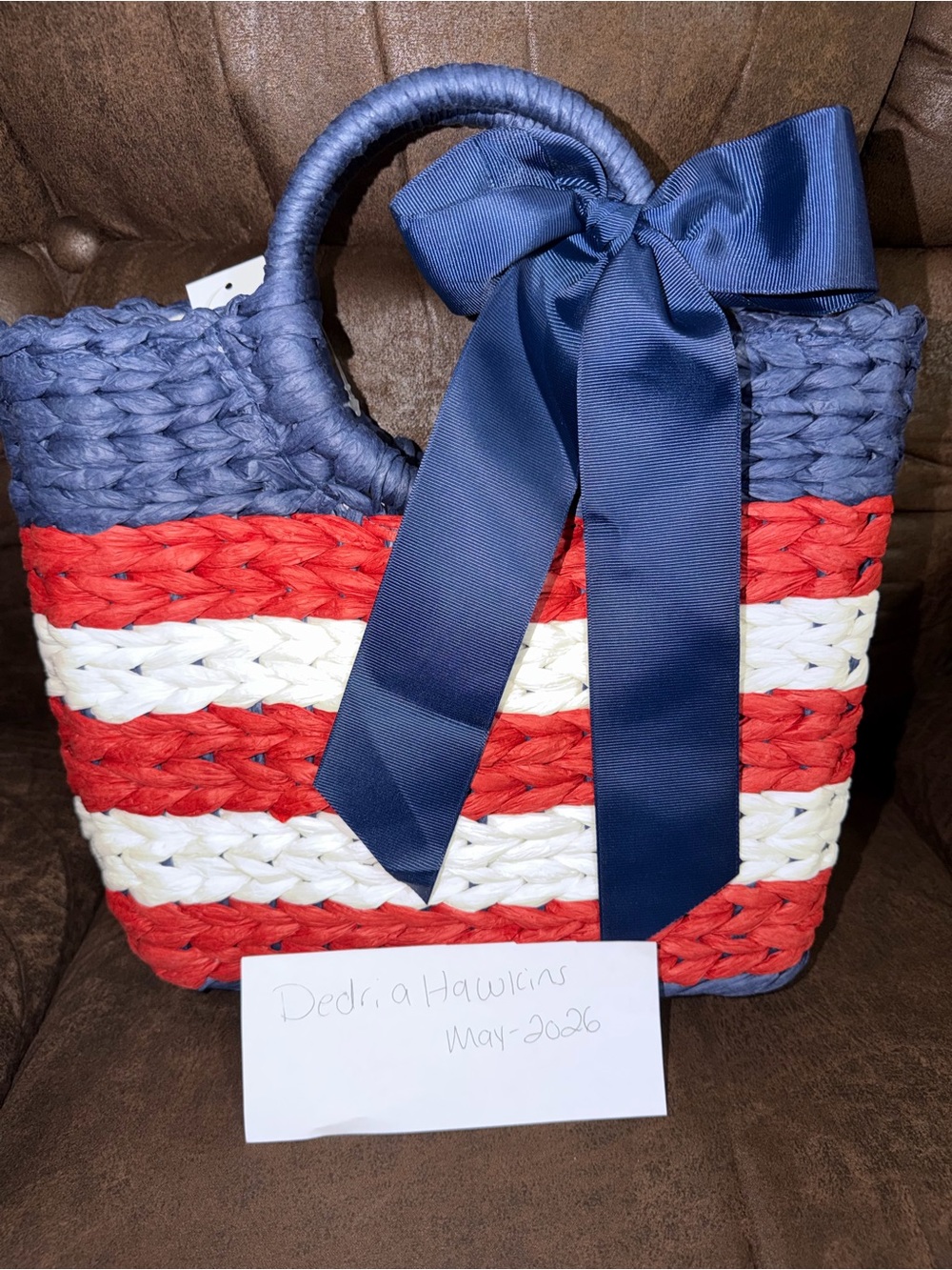 Striped Woven Tote with Navy Bow - Red, White & Navy